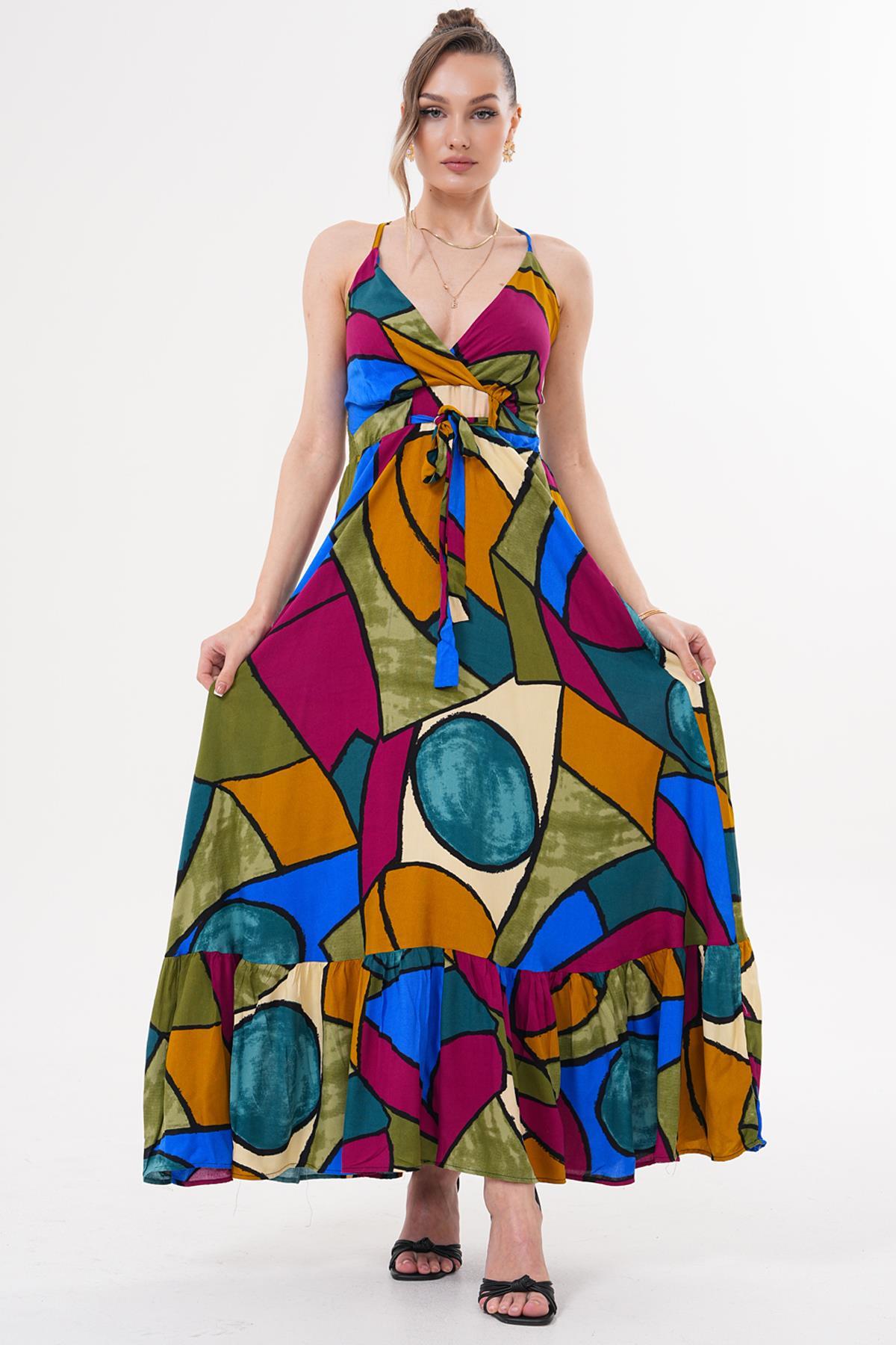 Sırtı Çapraz Askılı Uzun Elbise