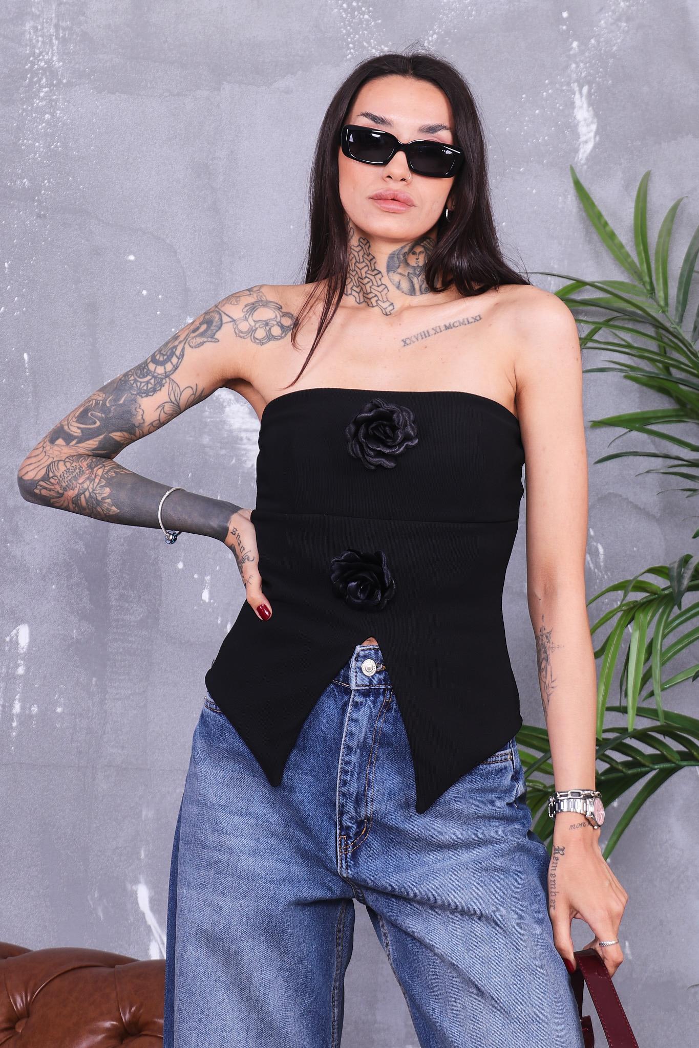 Straplez Gül Borşlu Bluz