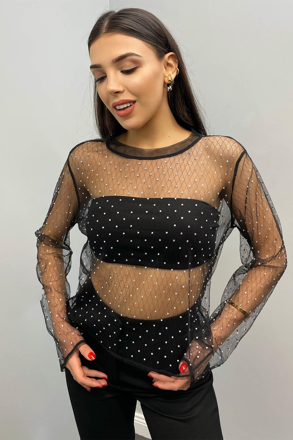 Taşlı Transparan Bluz
