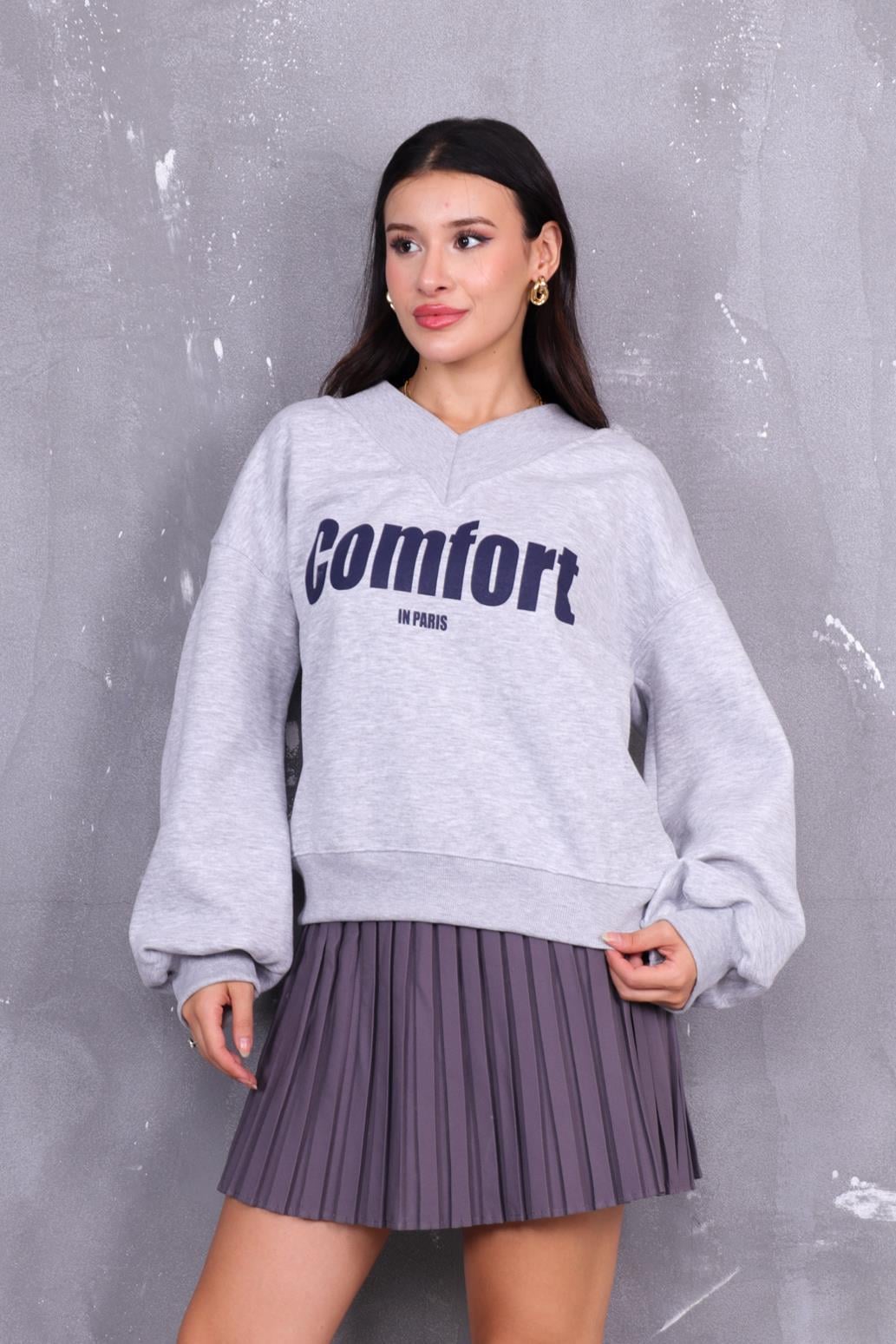 V Yaka İçi Şardonlu Sweatshirt