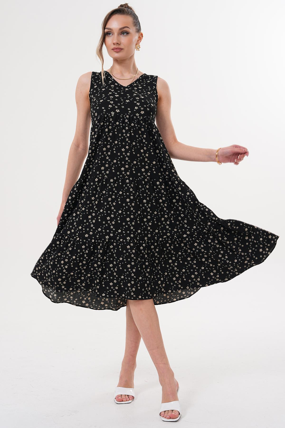 V Yaka Katkat Çiçekli Elbise