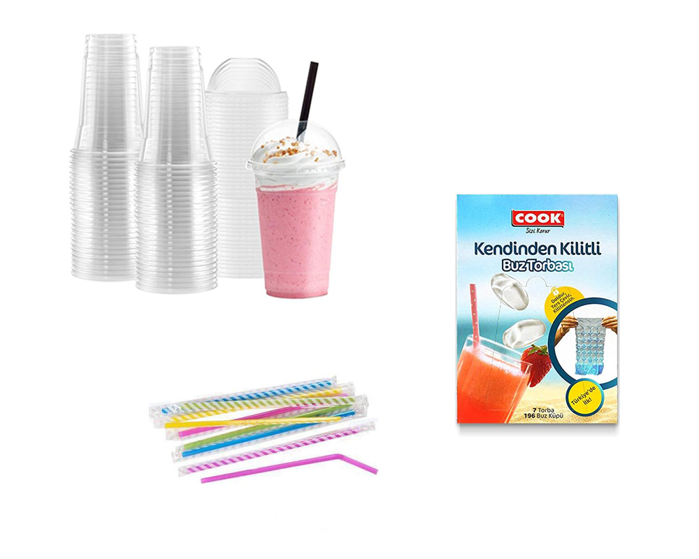 TEZYOLLA 400 CC Plastik Bardak + Delikli Bombe Kapak + Jelatinli Frozen Pipet + Cook Buz Torbası  4 Lü SET 50 ADET