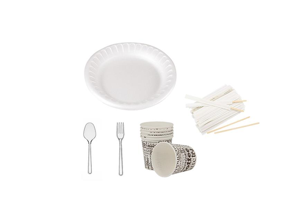 TEZYOLLA Yuvarlak Köpük Tabak + Karton Bardak + Kaşık + Çatal + Karıştırıcı 5 Li SET 50 Adet
