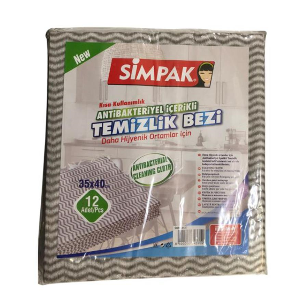 Simpak Antibateriyel İçerikli Temizlik Bezi 35x40 cm 12'li