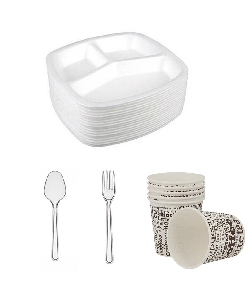 TEZYOLLA 3 Gözlü Köpük Tabak + Karton Bardak + Kaşık + Çatal 4 Lü SET 25 Adet