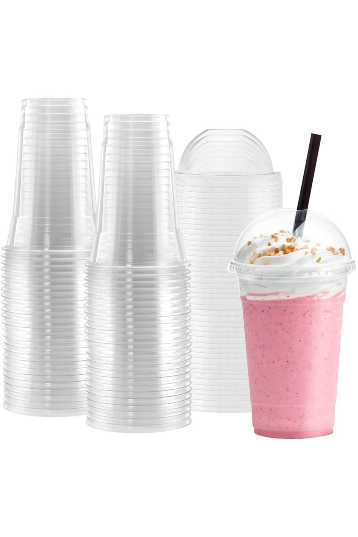TEZYOLLA 400 CC Plastik Bardak + Delikli Bombe Kapak + Jelatinli Frozen Pipet 3 Lü SET 50 ADET