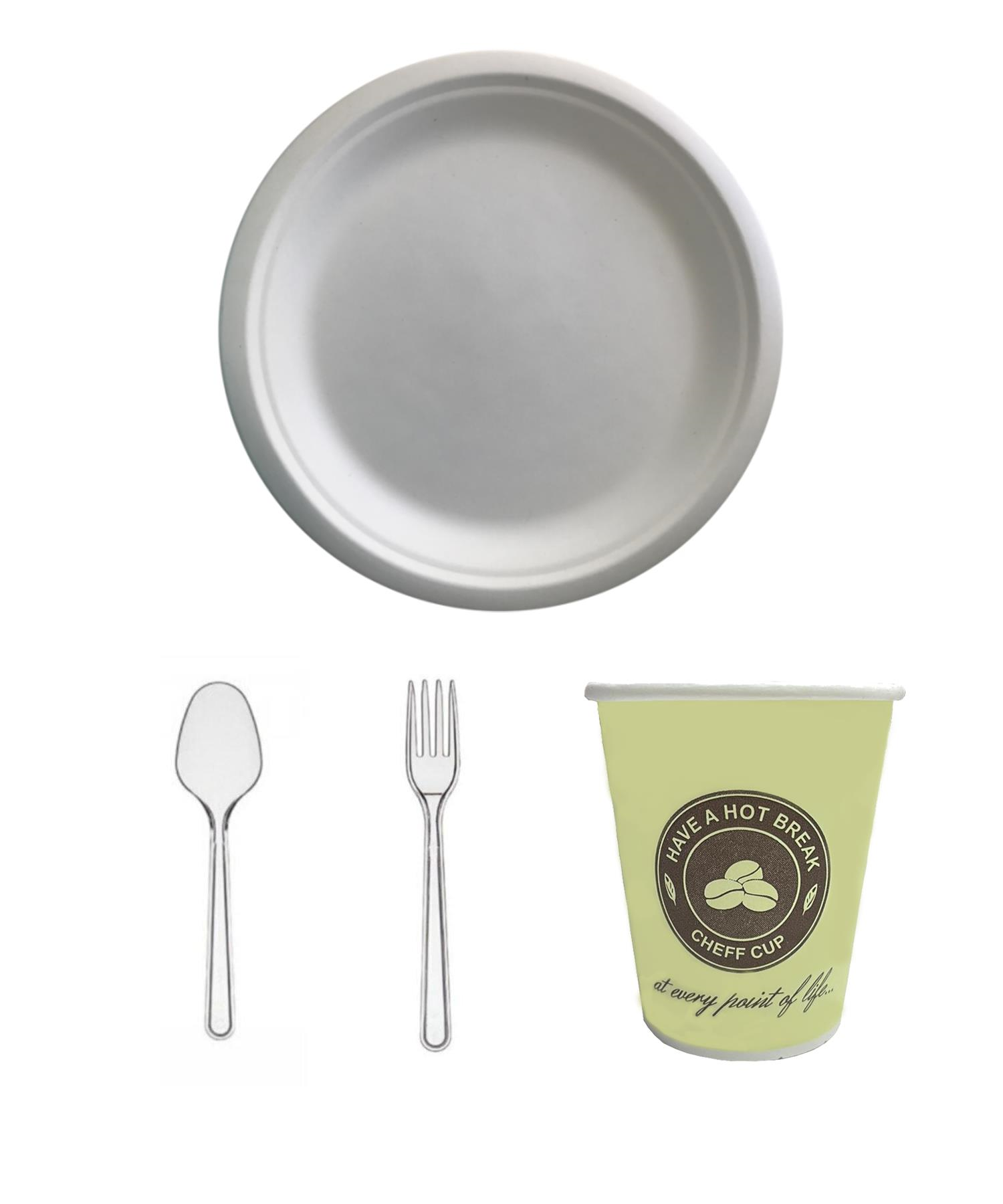 TEZYOLLA Bagasse Tabak + Karton Bardak + Kaşık + Çatal  4 Lü SET 50 Adet