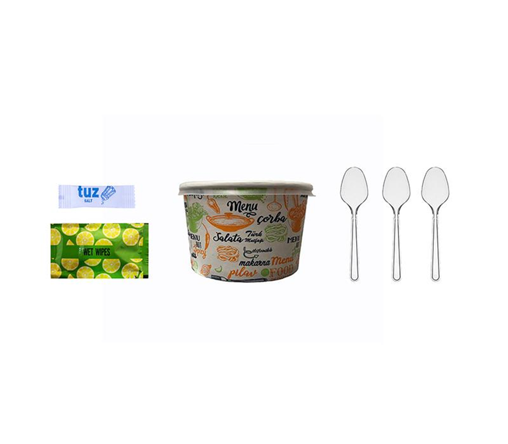 TEZYOLLA Karton Çorba Kasesi + Kapağı + Kaşık + Islak Mendil + Stick Tuz 5 Li SET 50 ADET