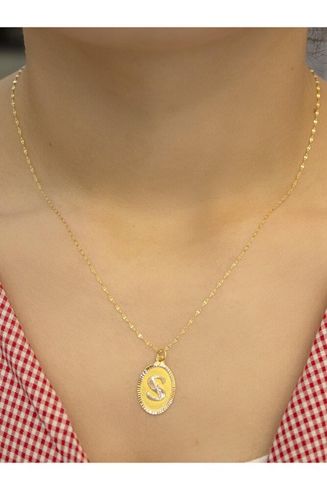 14 Ayar Altın Aynalı Oval S Harfli Kolye