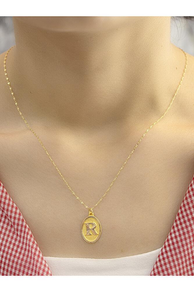14 Ayar Altın Aynalı Oval R Harfli Kolye
