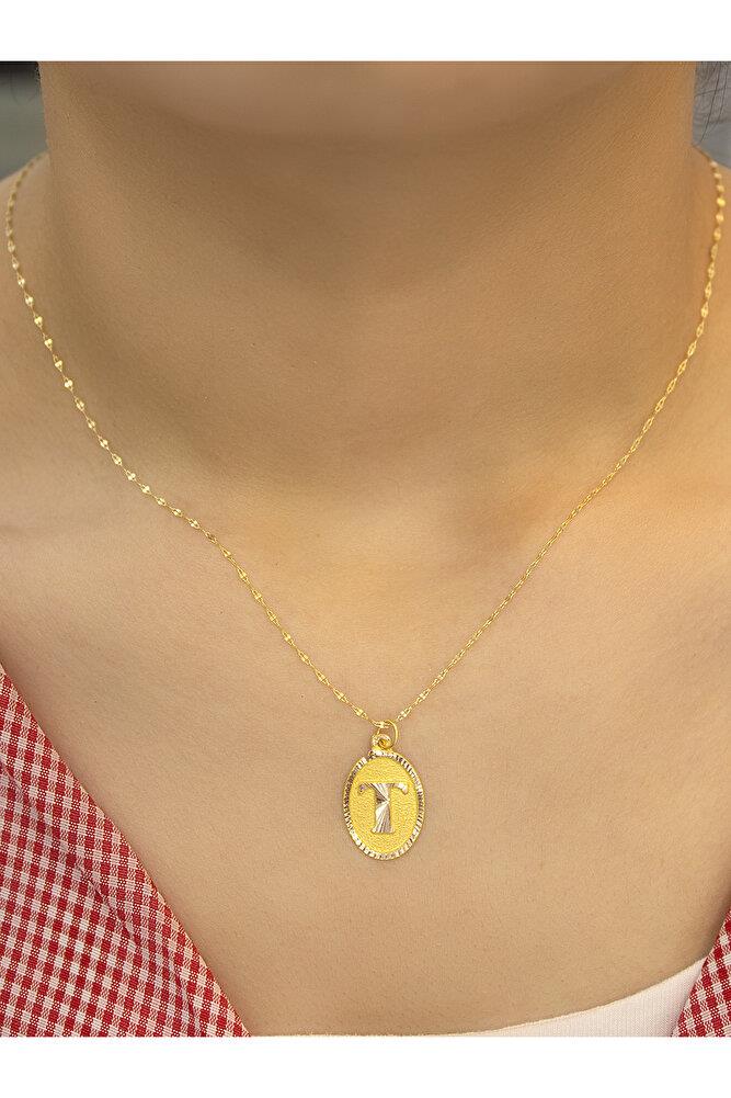 14 Ayar Altın Aynalı Oval T Harfli Kolye