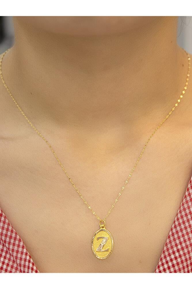 14 Ayar Altın Aynalı Oval Z Harfli Kolye