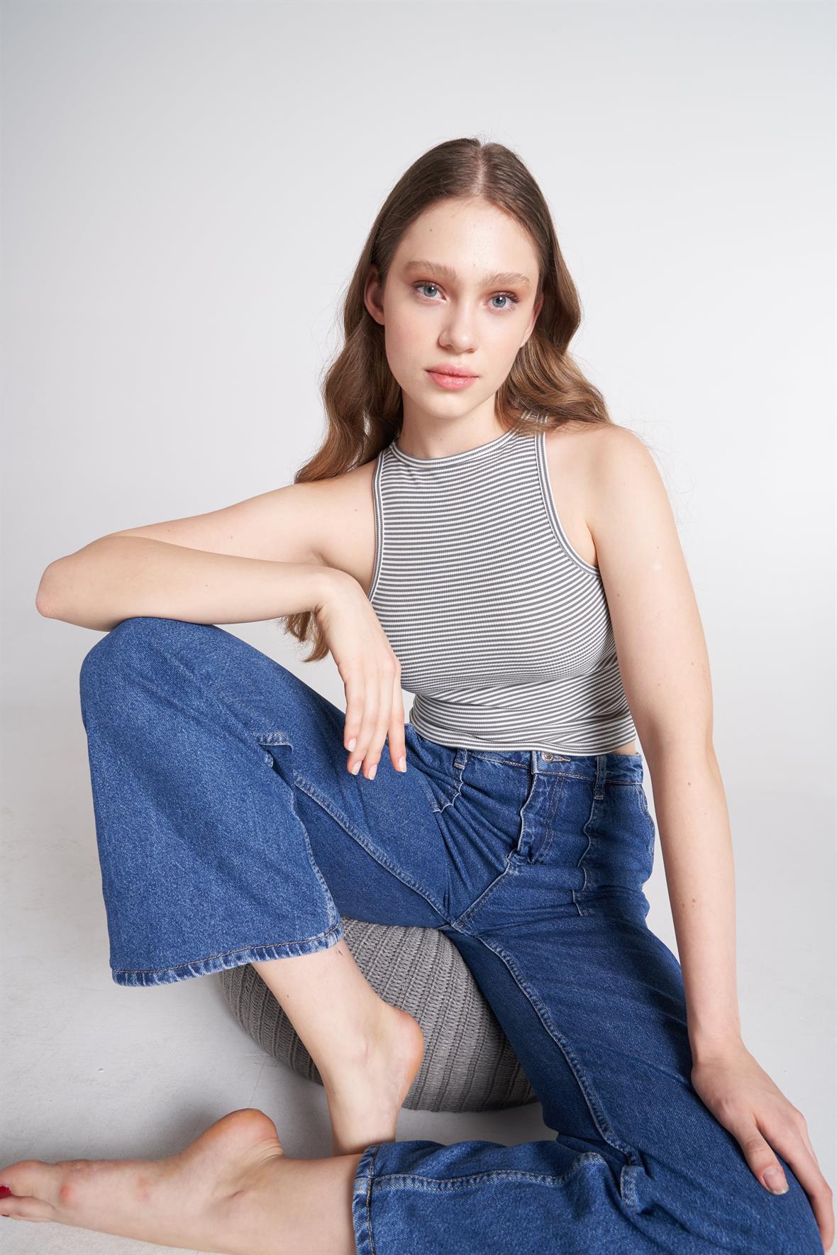 Çizgi Desenli Crop Bluz