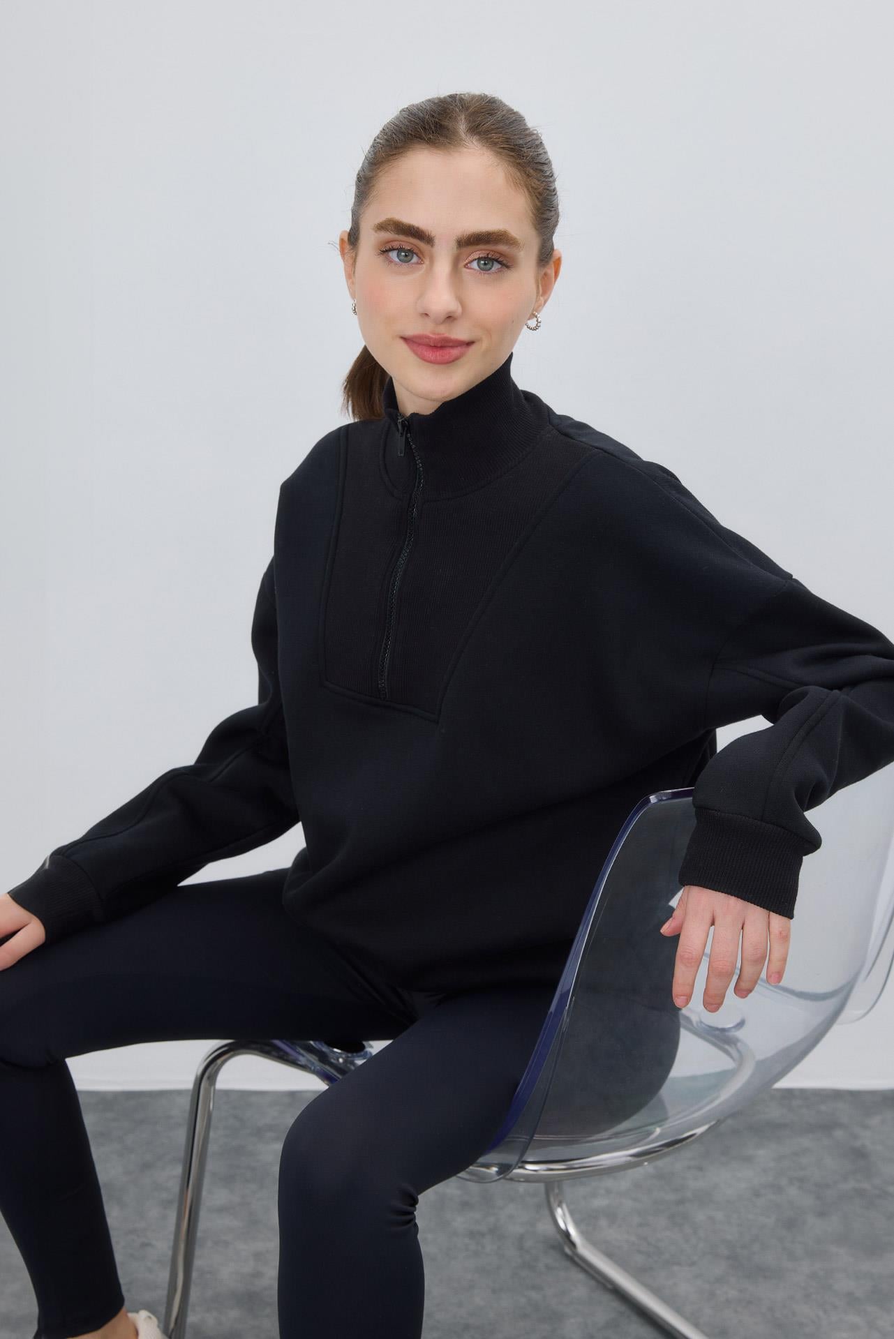 Fermuarlı Balıkçı Yaka Sweatshirt