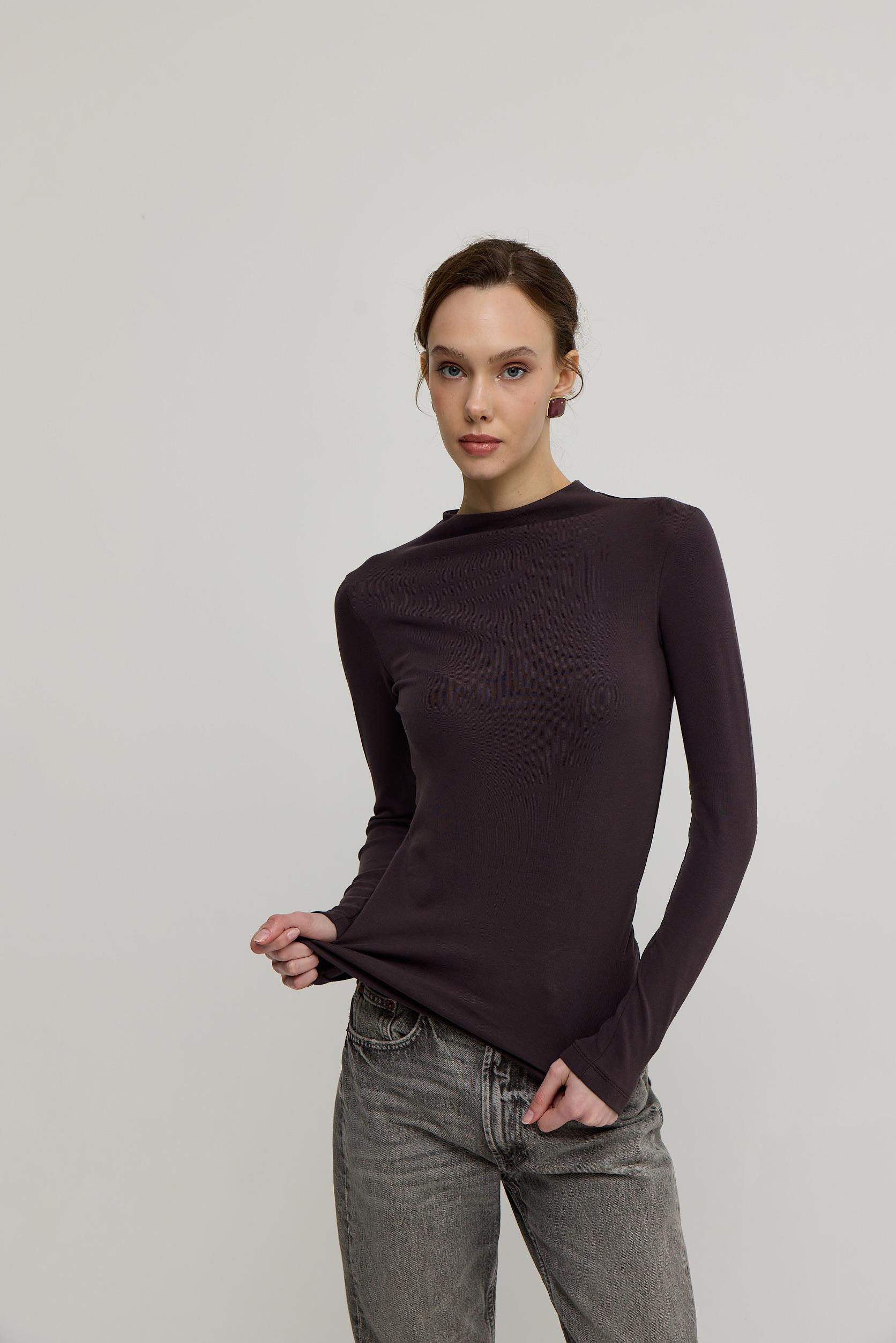 Kadın Acı Kahve Basic Boğazlı Uzun Kollu Body