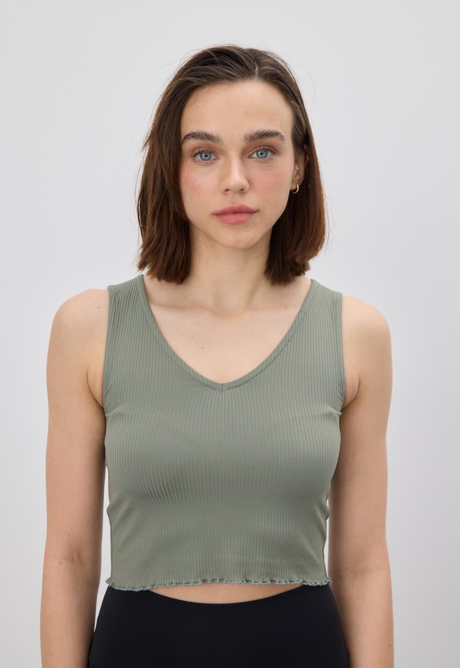 Kadın Açık Yeşil V Yaka Crop Bluz