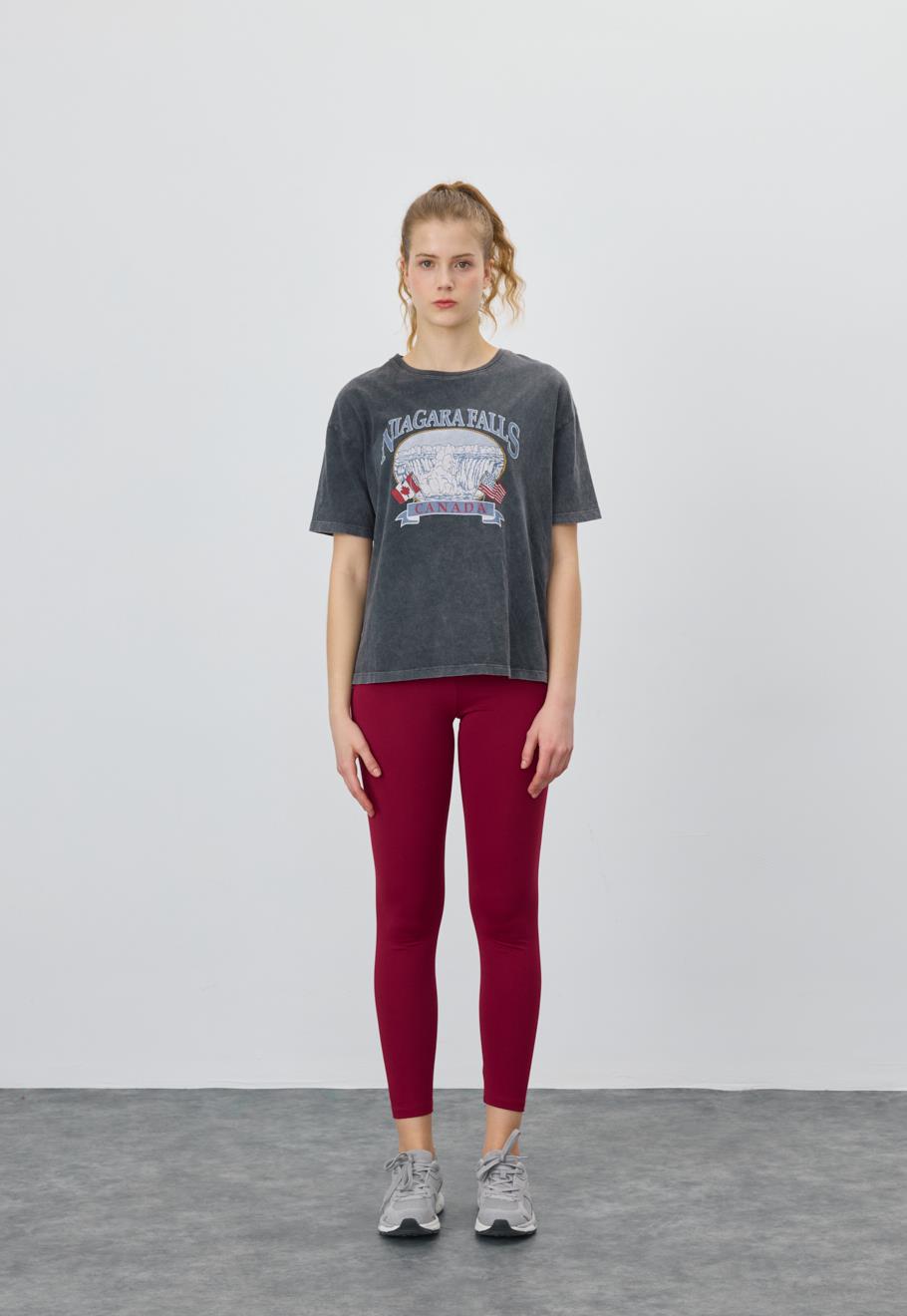 Kadın Antrasit Renk Niagara Falls Baskılı T-Shirt