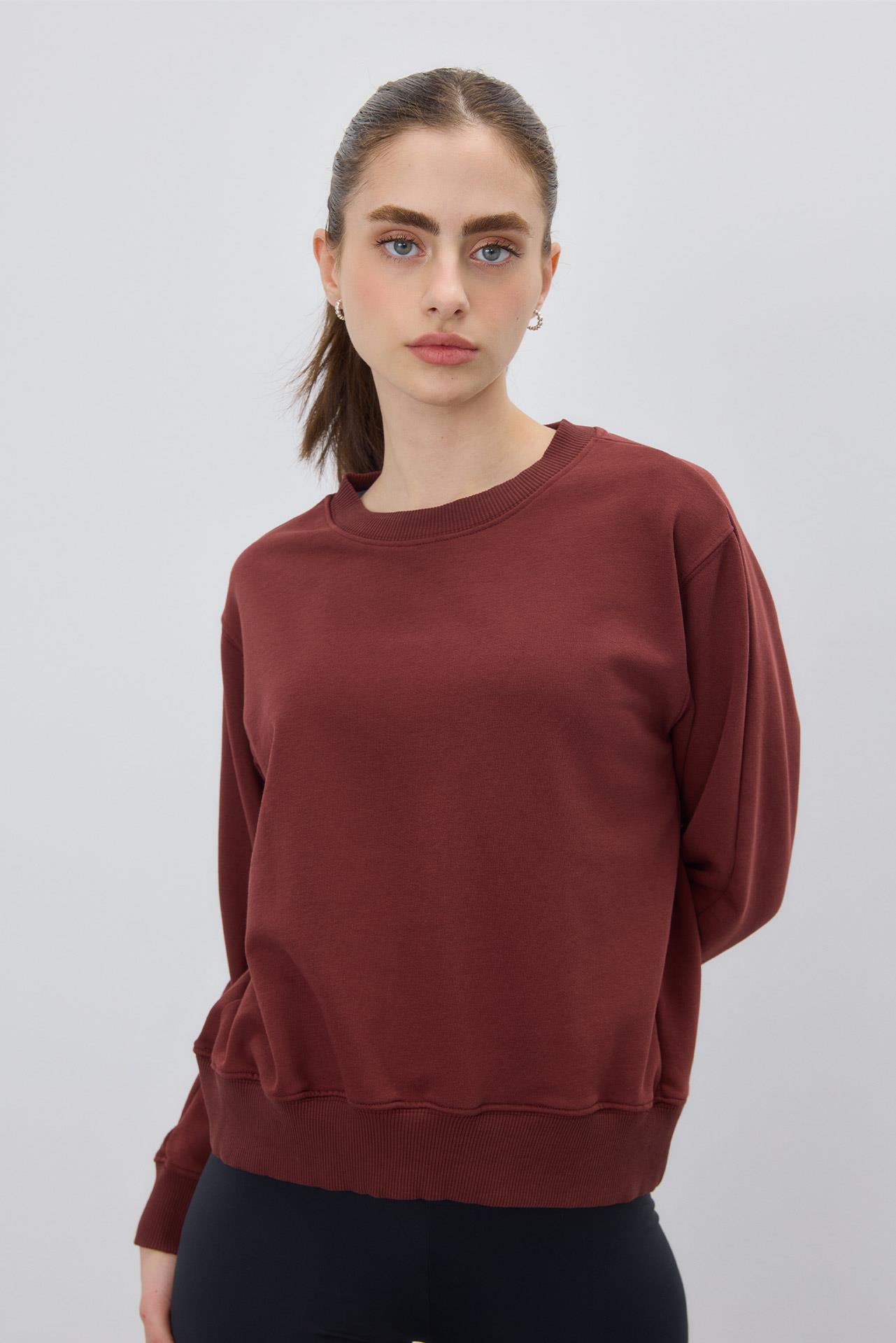 Kadın Basic Şardonsuz Çikolata Renk Sweatshirt