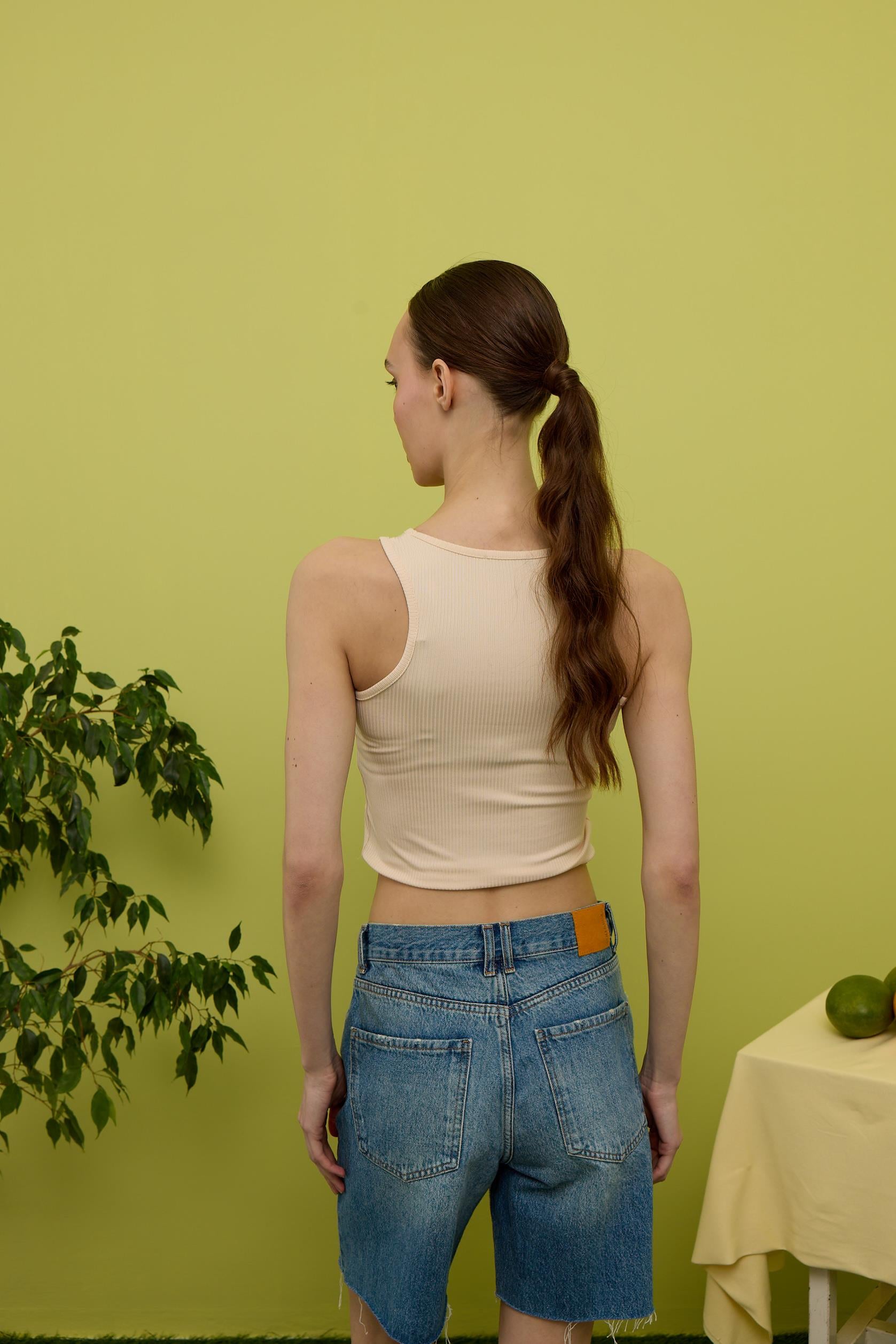 Kadın Bej Sıfır Kol Crop Bluz