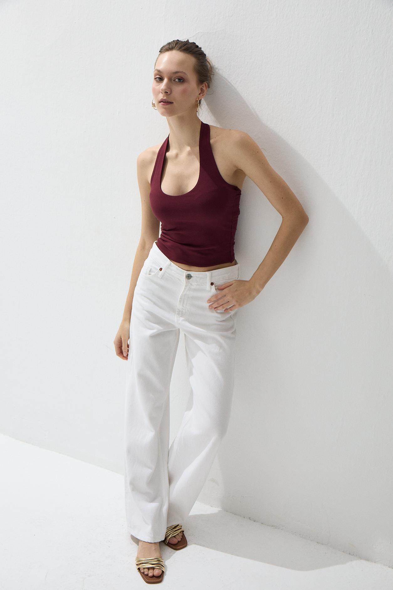 Kadın Bordo Renk Halter Yaka Crop Bluz