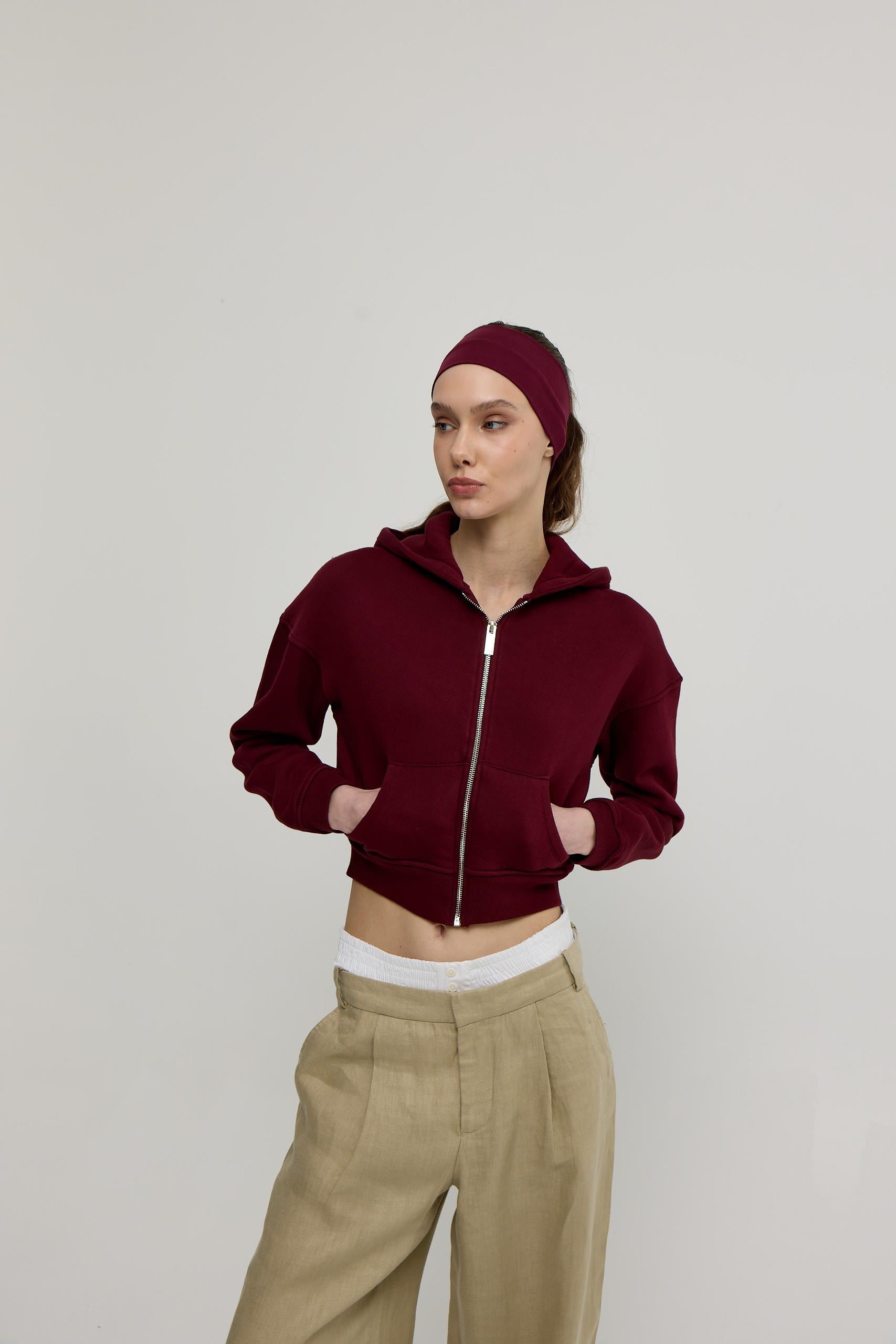 Kadın Bordo Renk Kapüşonlu Crop Sweatshirt Hırka