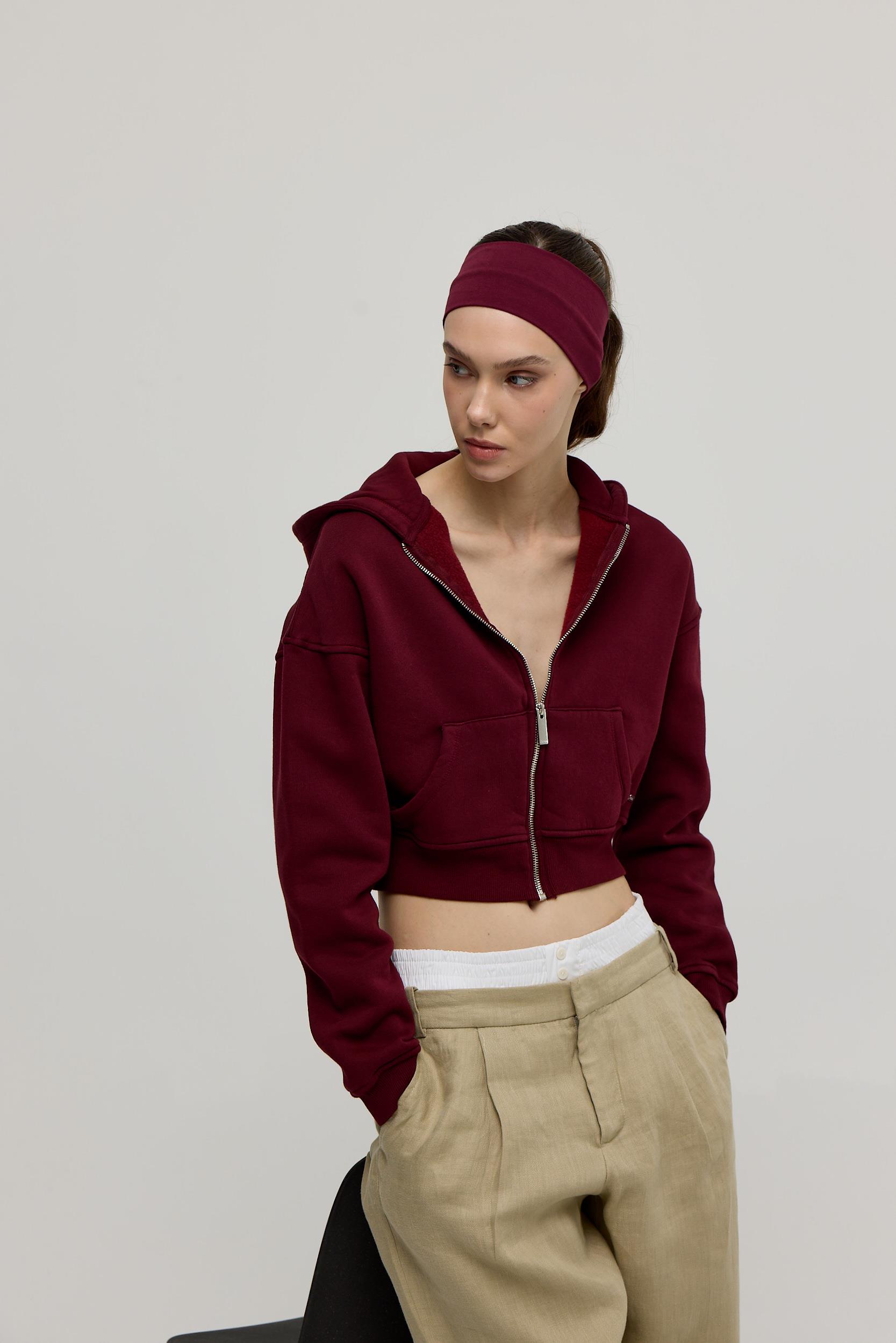 Kadın Bordo Renk Kapüşonlu Crop Sweatshirt Hırka