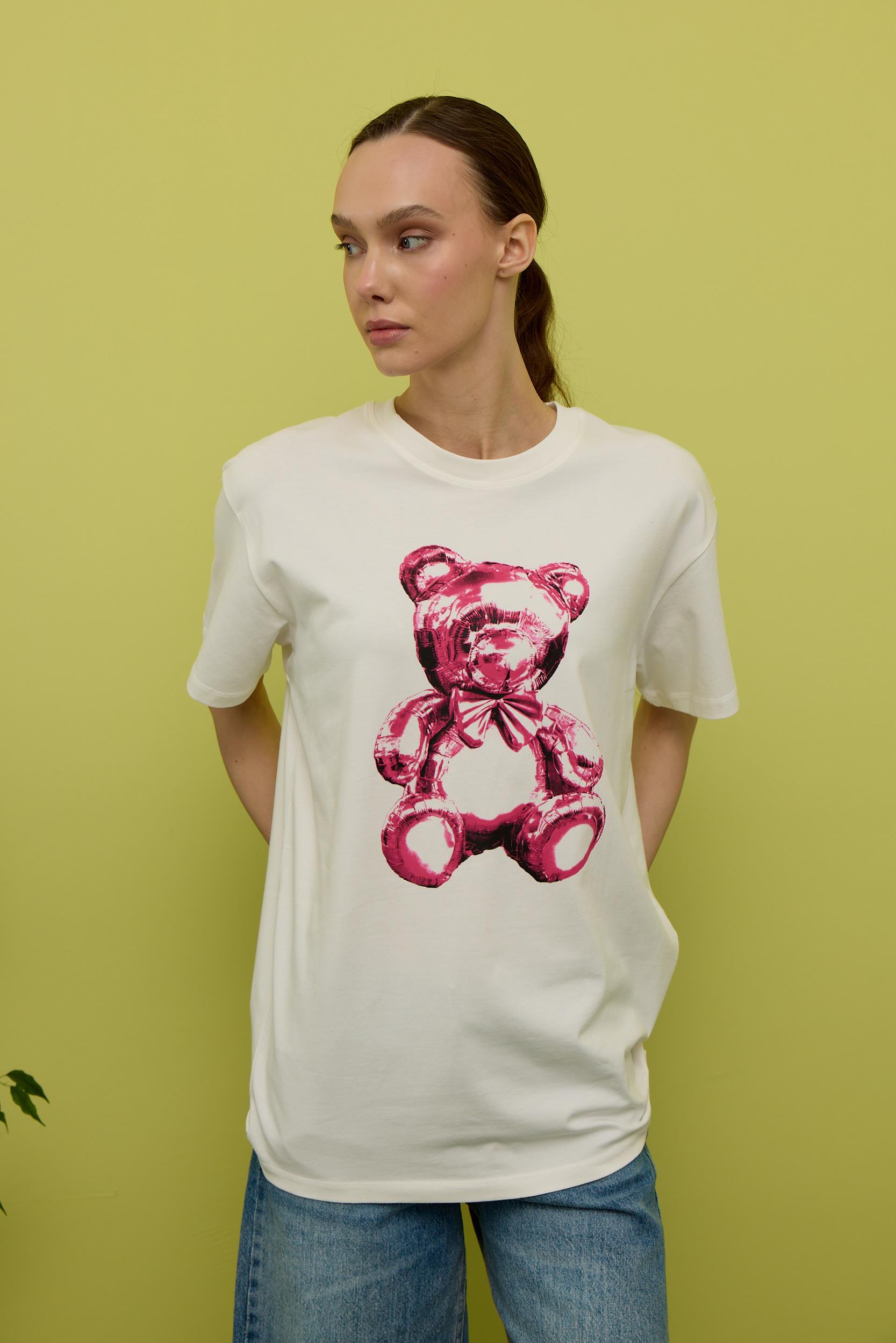 Kadın Ekru Ayıcık Baskılı Oversize T-shirt