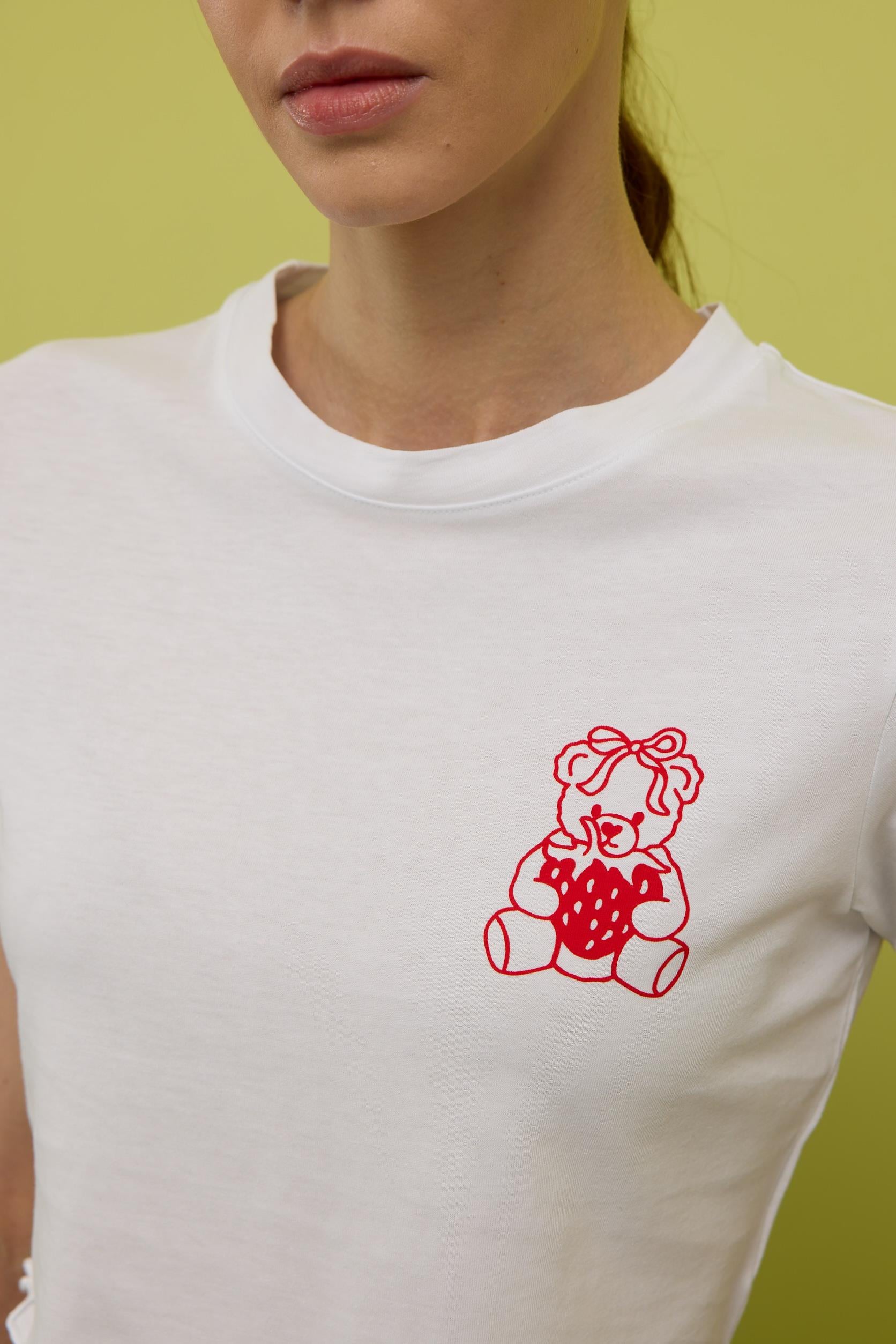 Kadın Ekru Renk Ayıcık Baskılı Kısa Kollu T-shirt