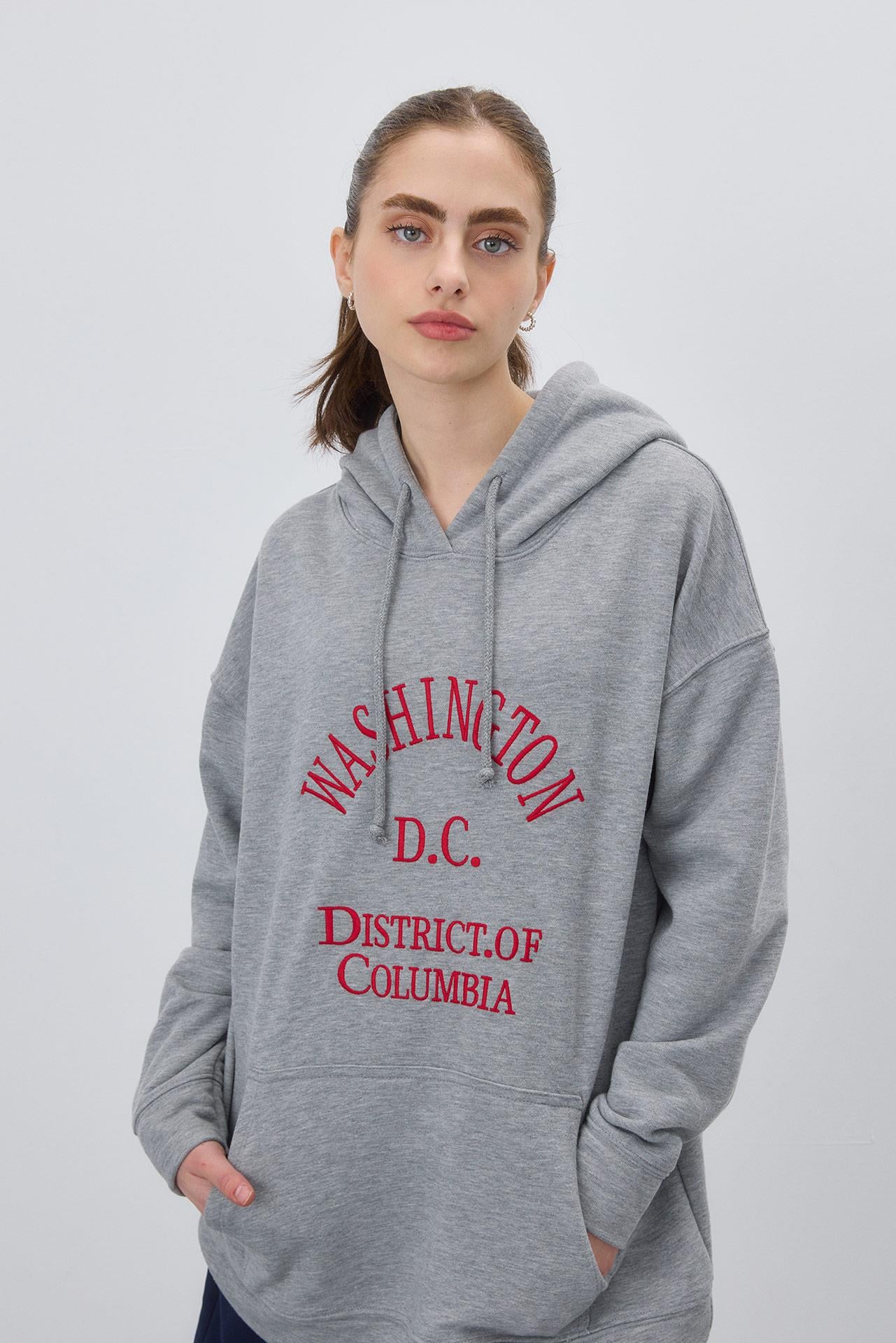 Kadın Gri Renk Baskılı Kapüşonlu Oversize Sweatshirt