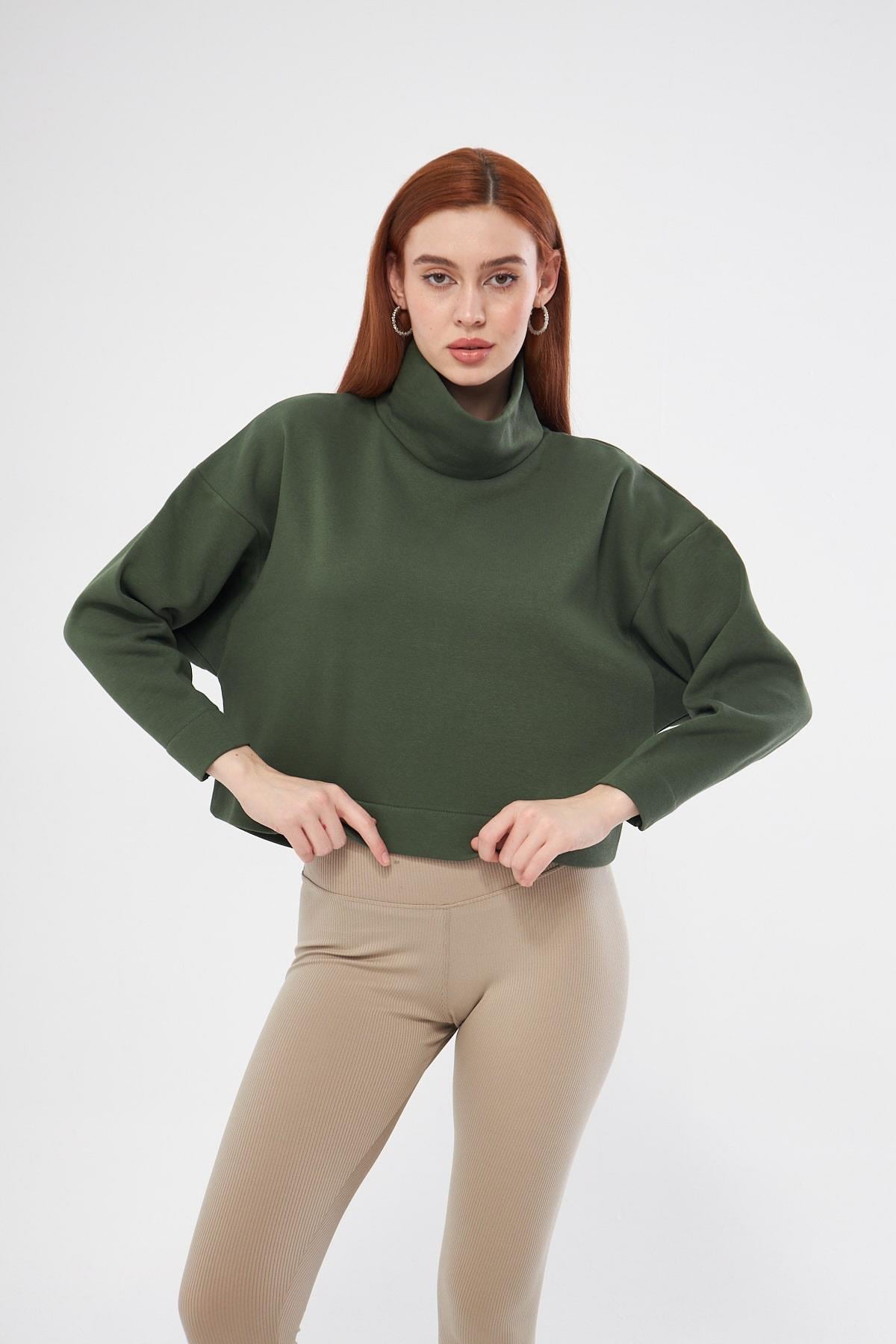 Kadın Haki Balıkçı Yaka Sweatshirt