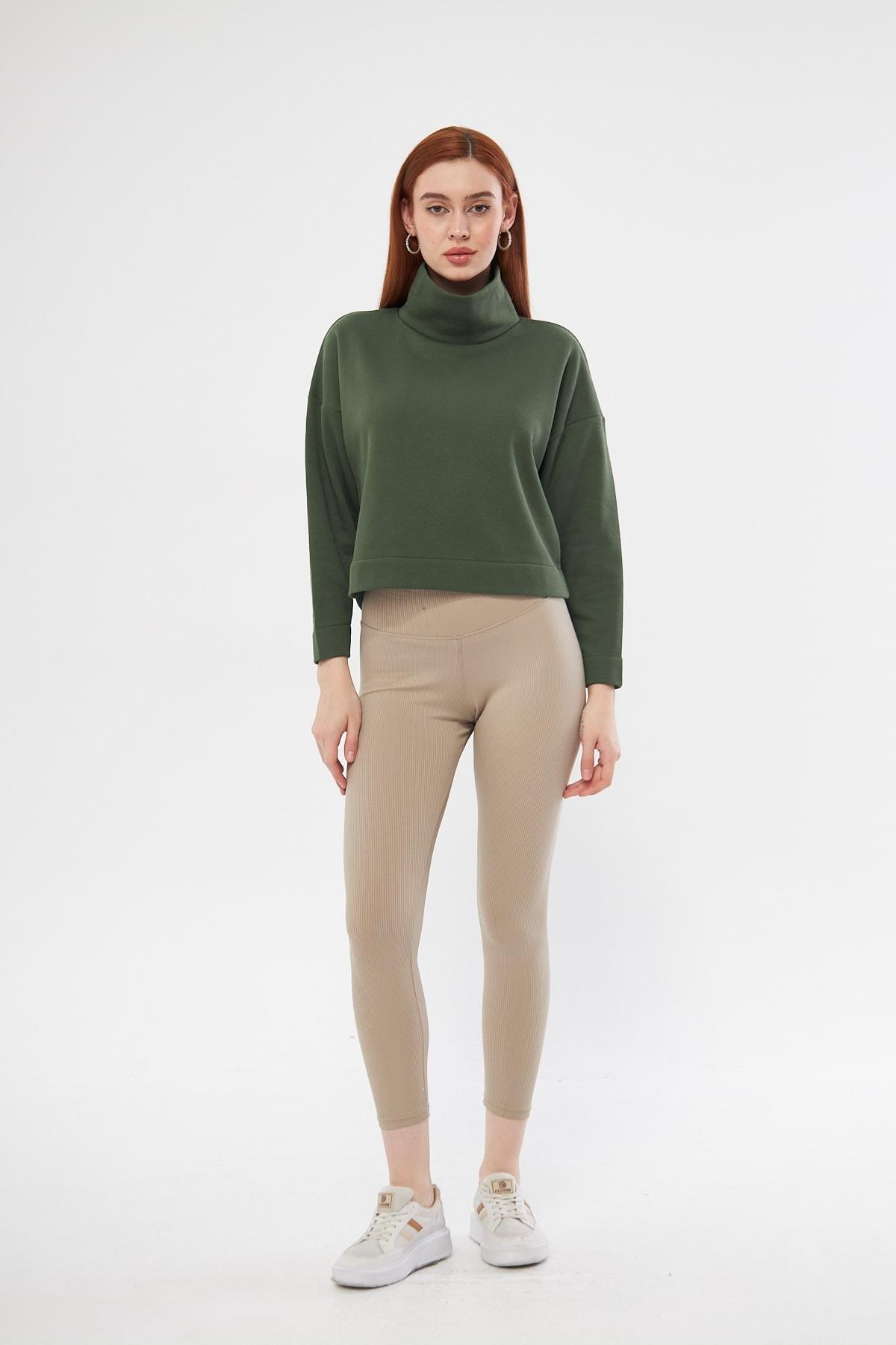Kadın Haki Balıkçı Yaka Sweatshirt