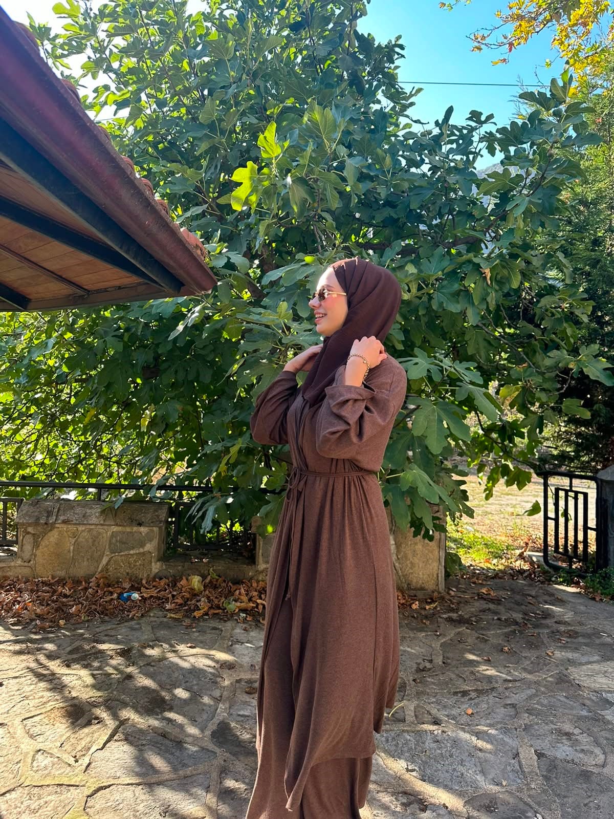 Kadın Kahve Melanj 3lü Kimono Takım
