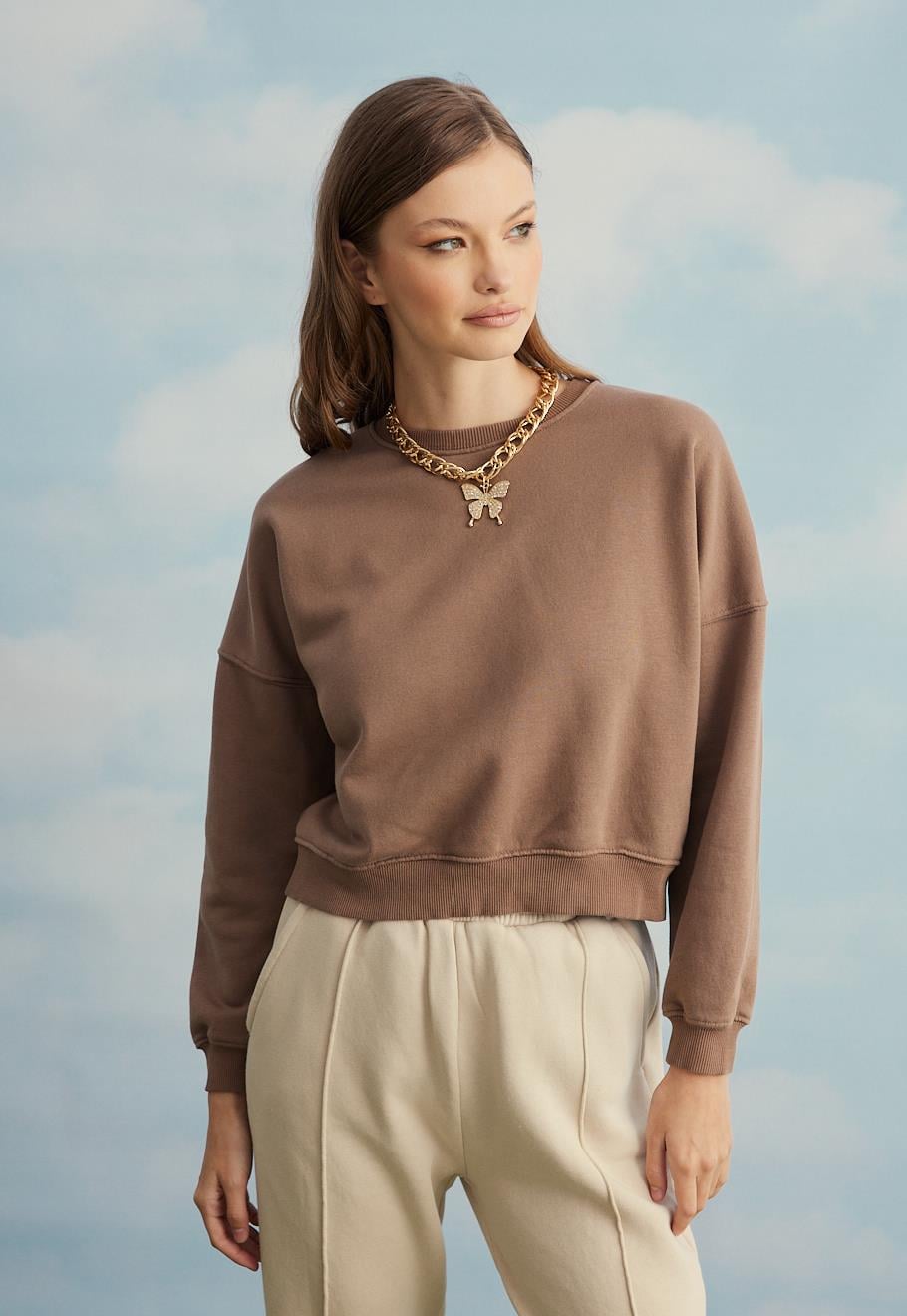 Kadın Kahve Renk Basic Kısa Sweatshirt