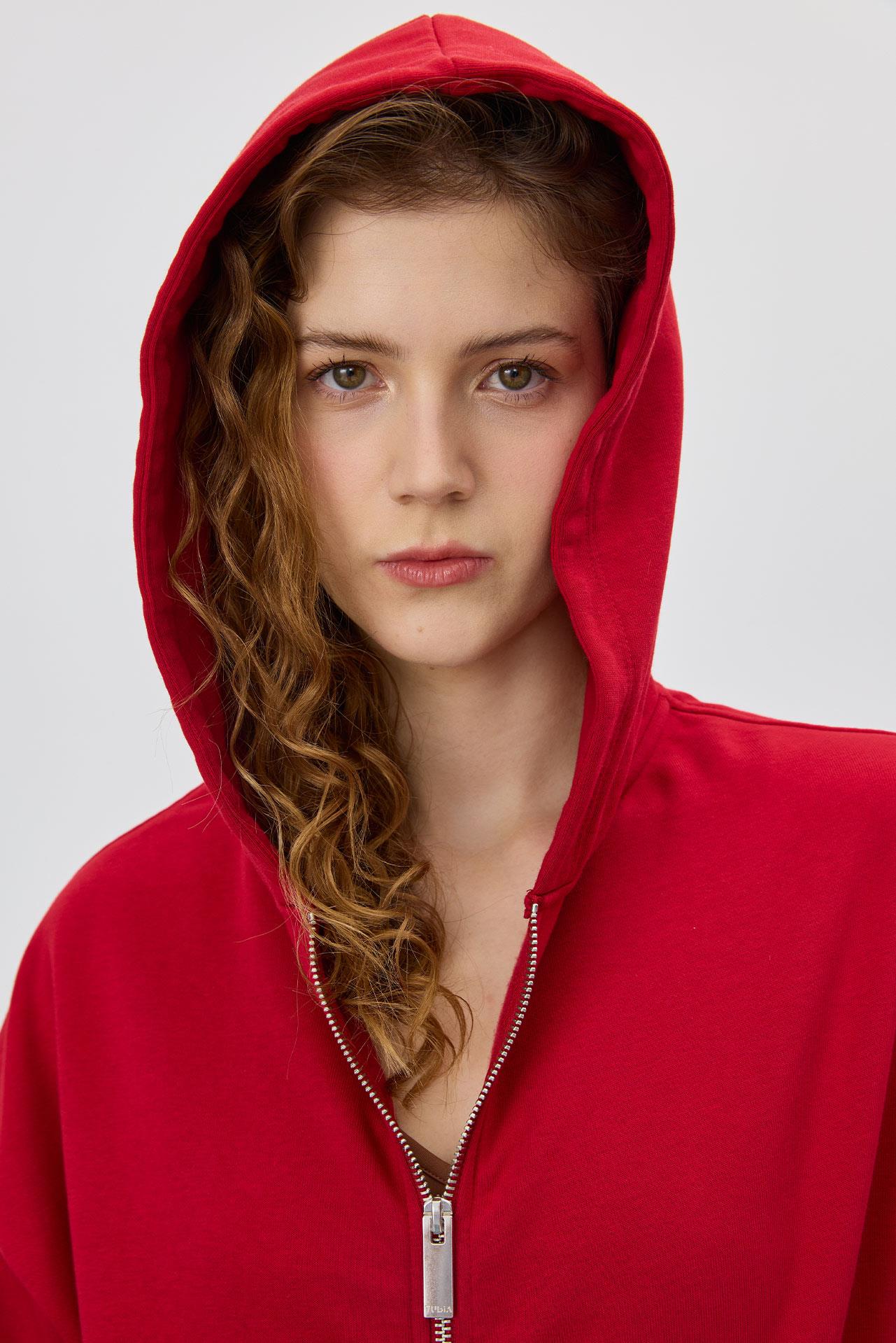 Kadın Kapüşonlu Şardonlu Kırmızı Renk Crop Sweatshirt Hırka