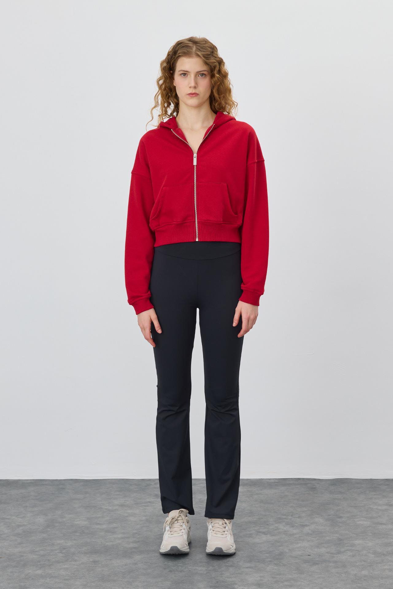 Kadın Kapüşonlu Şardonlu Kırmızı Renk Crop Sweatshirt Hırka