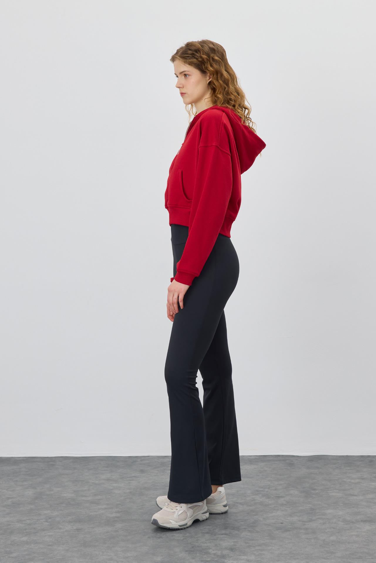 Kadın Kapüşonlu Şardonlu Kırmızı Renk Crop Sweatshirt Hırka