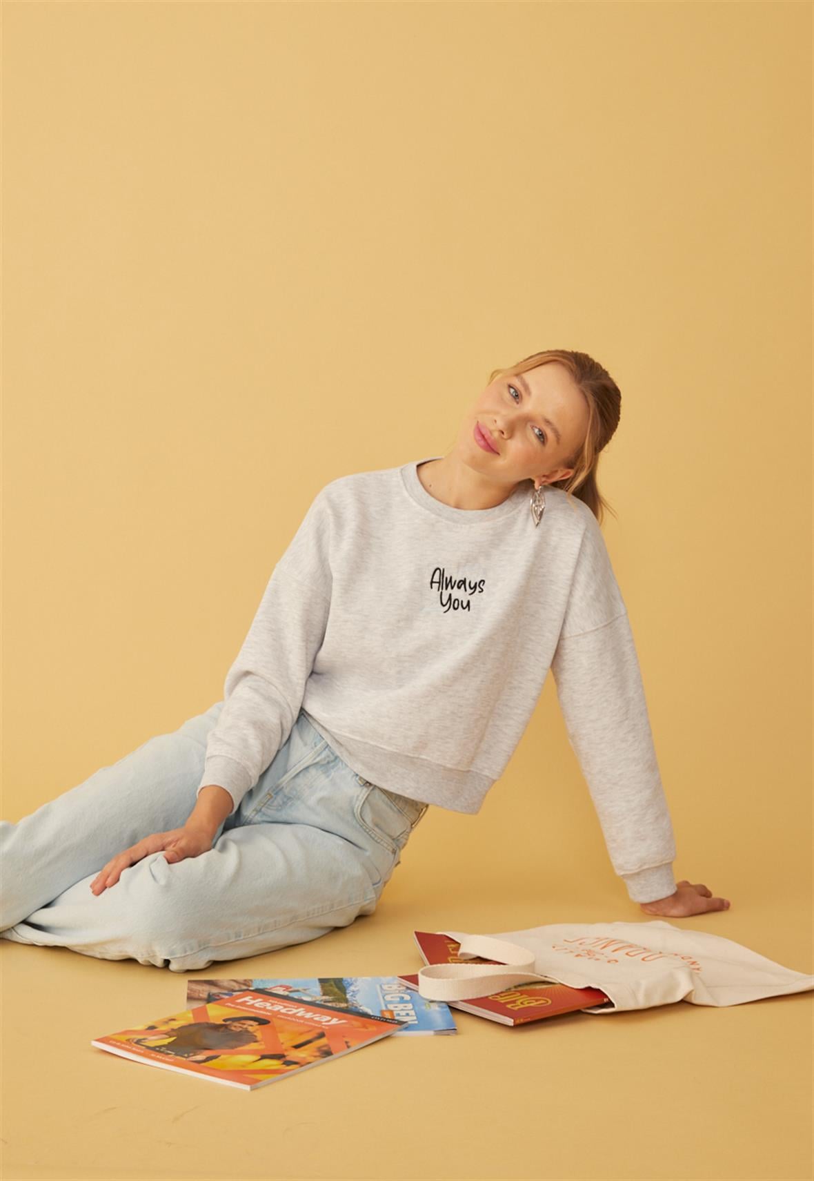 Kadın Kar Melanj Always You Baskılı Kısa Sweatshirt