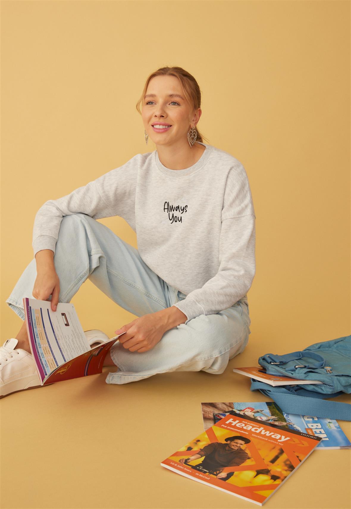 Kadın Kar Melanj Always You Baskılı Kısa Sweatshirt