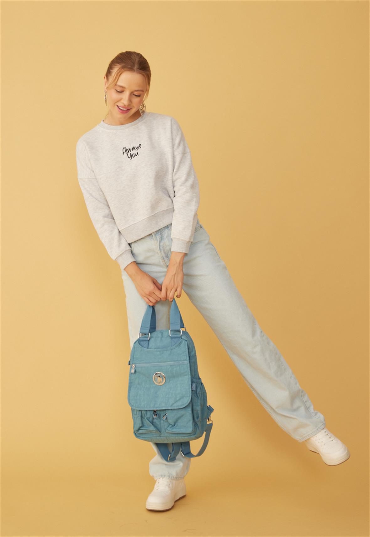 Kadın Kar Melanj Always You Baskılı Kısa Sweatshirt
