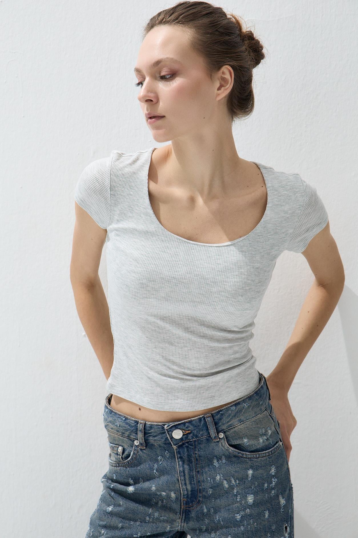 Kadın Kar Melanj Kare Yakalı Kısa Kollu T-shirt