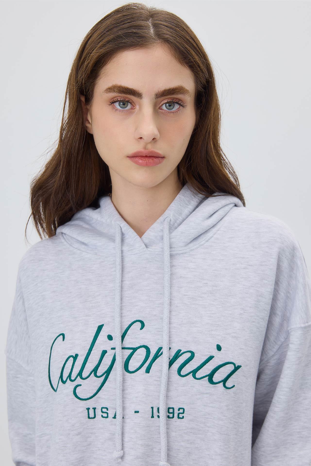 Kadın Kar Melanj Renk Baskılı Kapüşonlu Oversize Sweatshirt