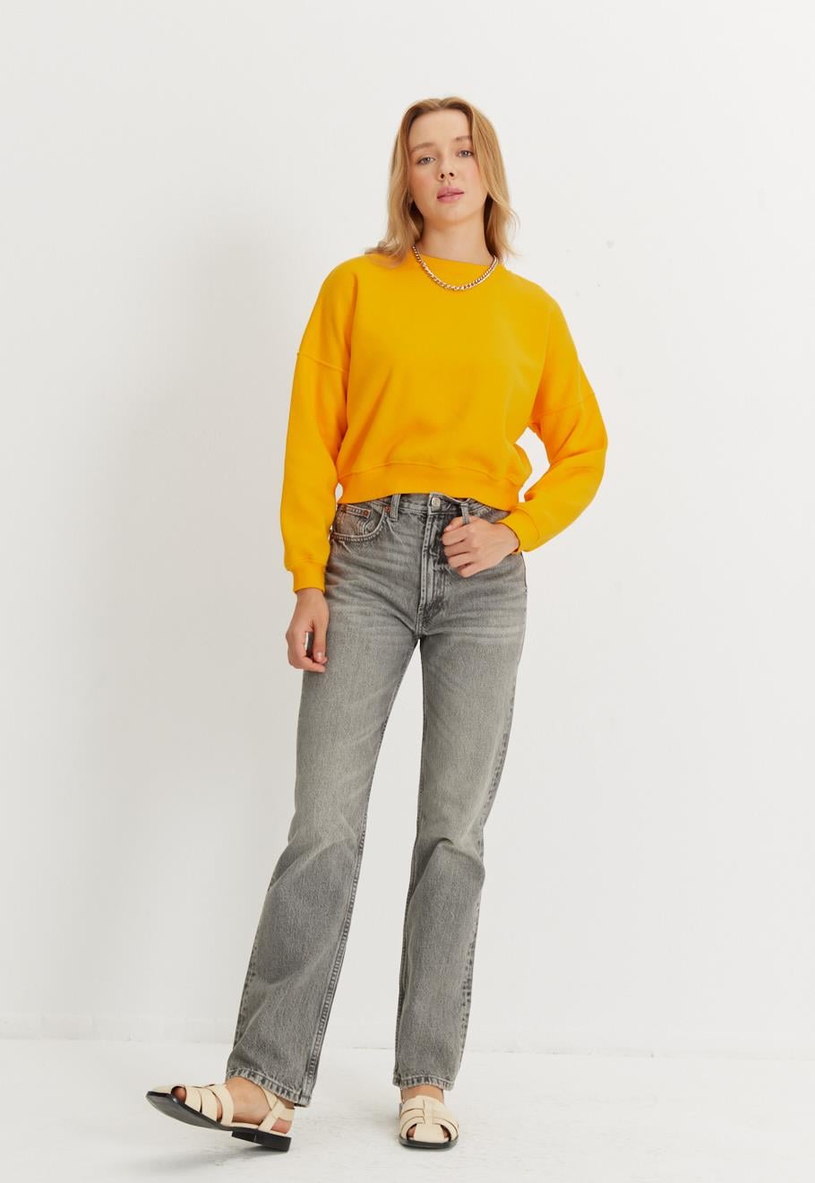Kadın Kayısı Renk Basic Kısa Sweatshirt