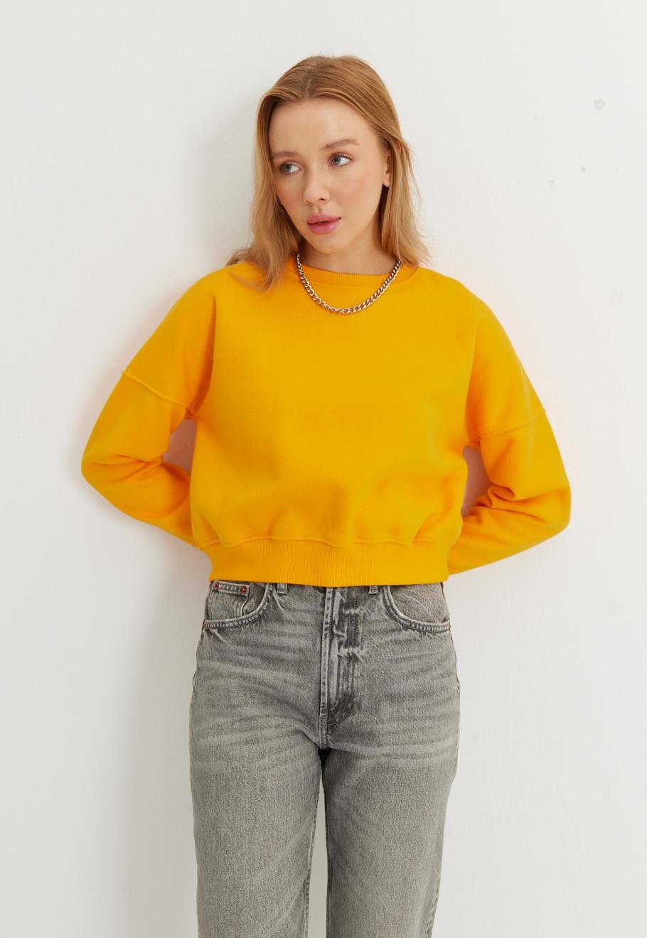 Kadın Kayısı Renk Basic Kısa Sweatshirt