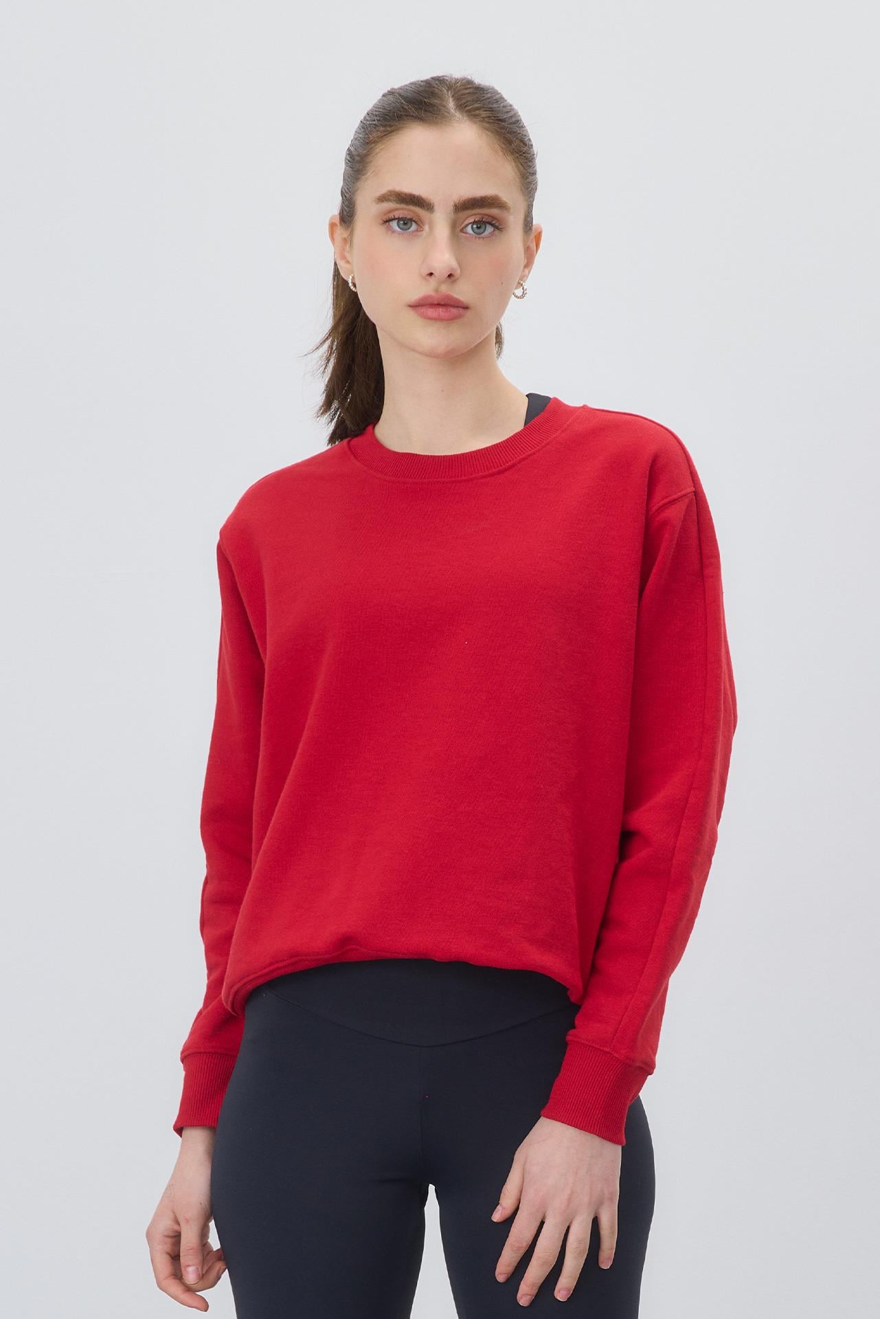 Kadın Kırmızı Renk Basic Şardonsuz Sweatshirt