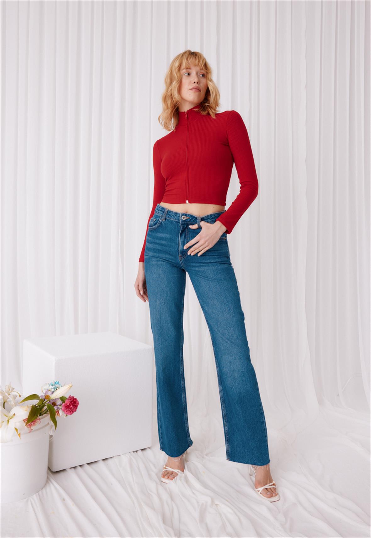 Kadın Kırmızı Renk Yarım Balıkçı Crop Hırka