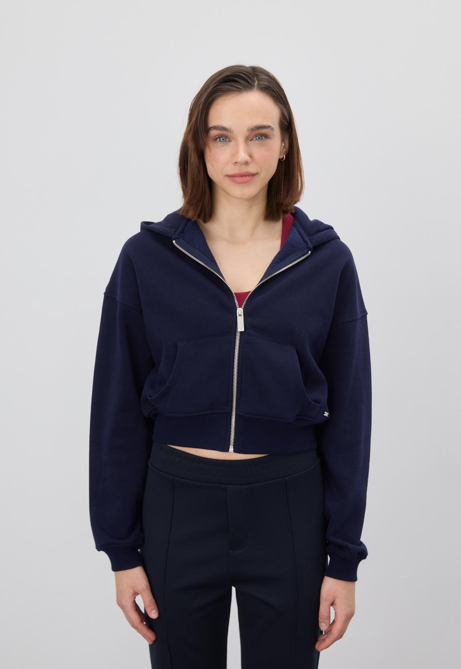 Kadın Lacivert Kapüşonlu Şardonlu Crop Sweatshirt Hırka