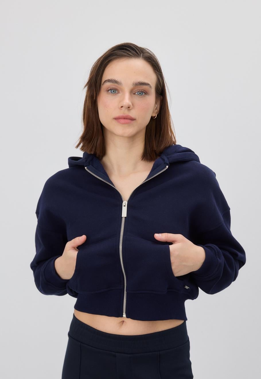 Kadın Lacivert Kapüşonlu Şardonlu Crop Sweatshirt Hırka