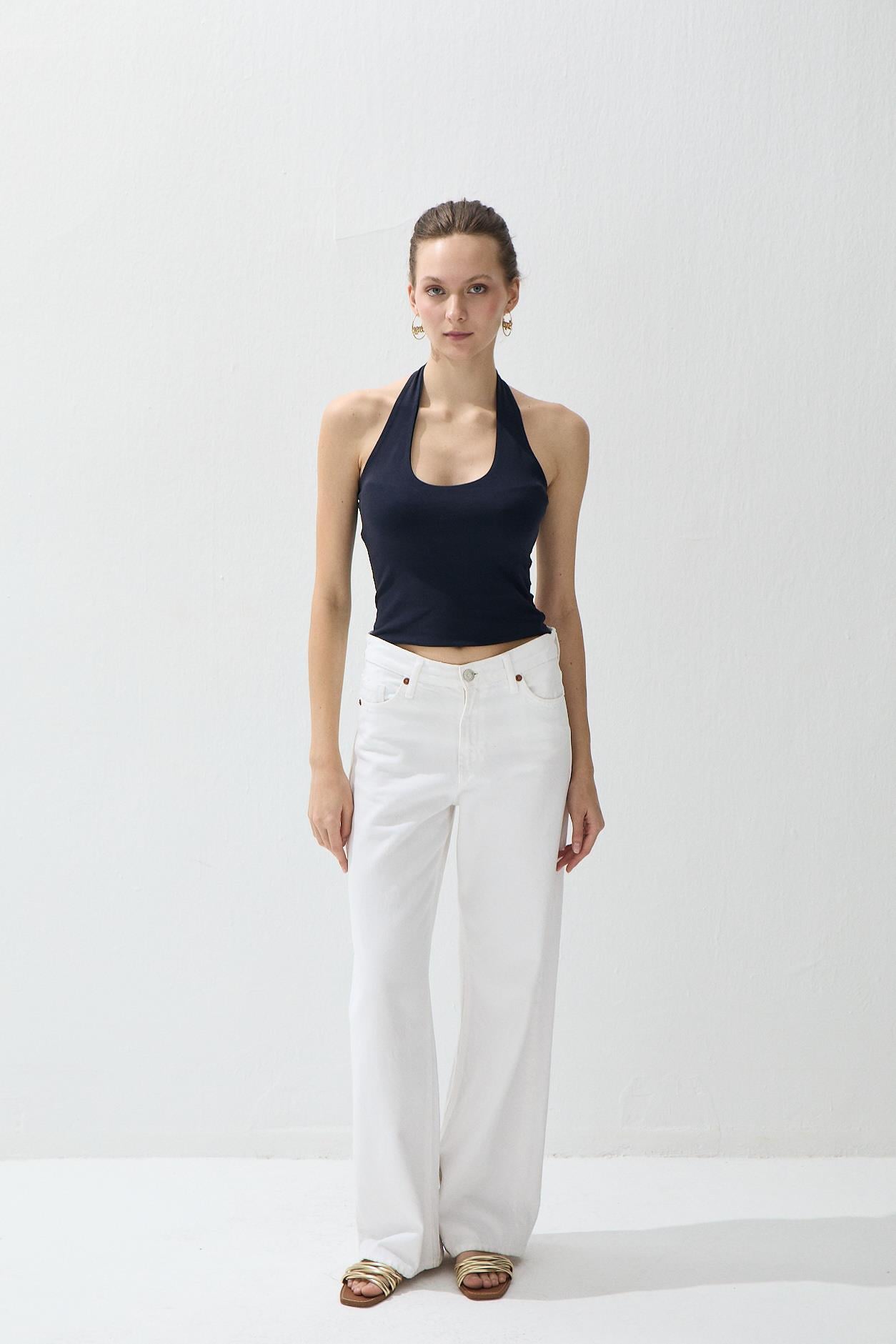 Kadın Lacivert Renk Halter Yaka Crop Bluz