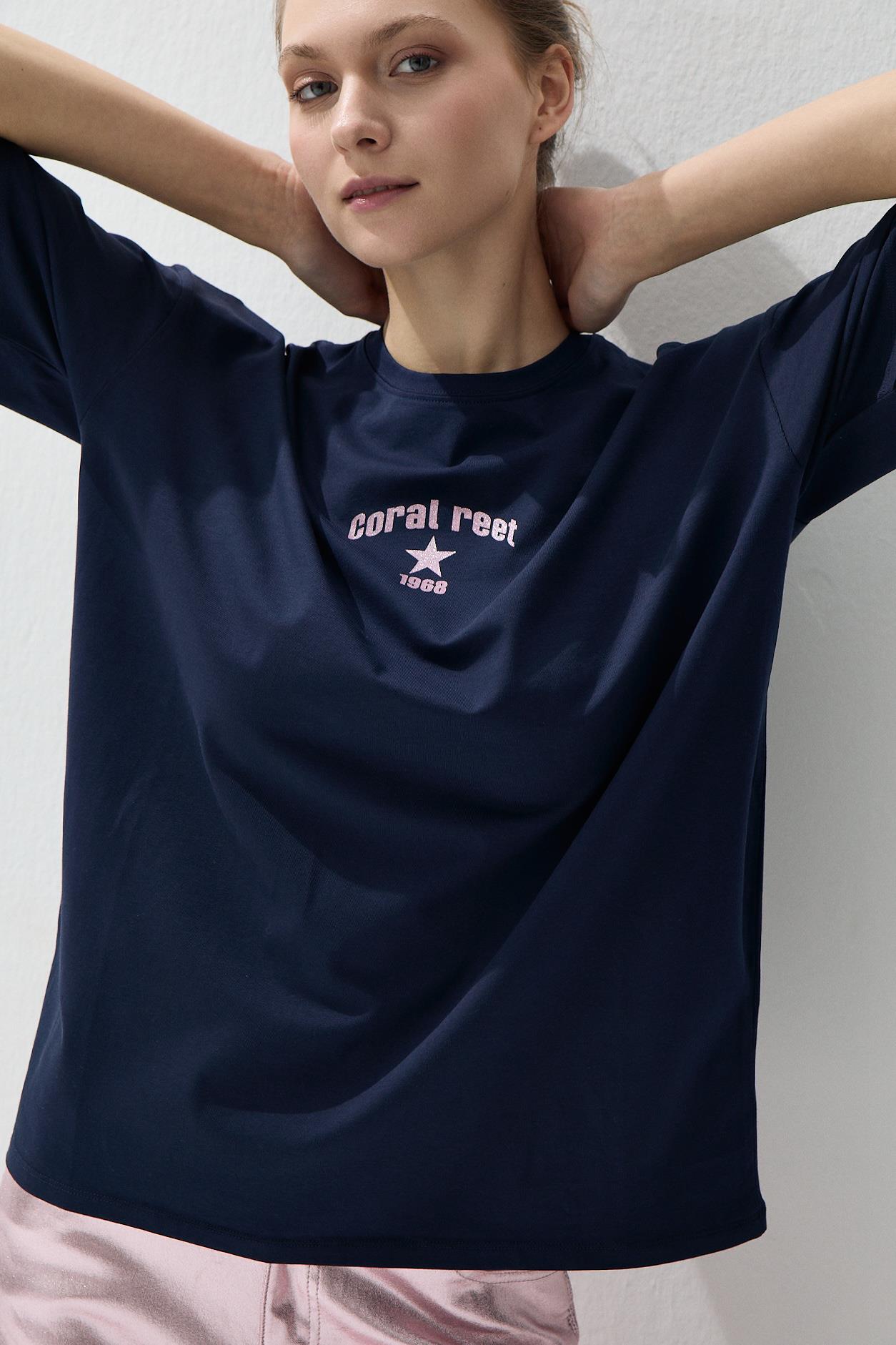 Kadın Lacivert Renk Pembe Sim Baskılı Oversize T-shirt