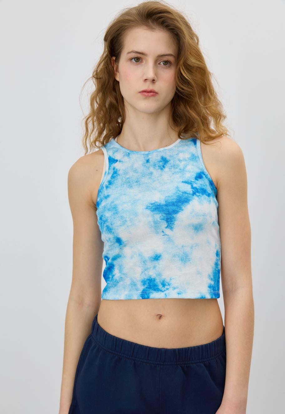 Kadın Mavi Batik Sıfır Kol Crop Bluz